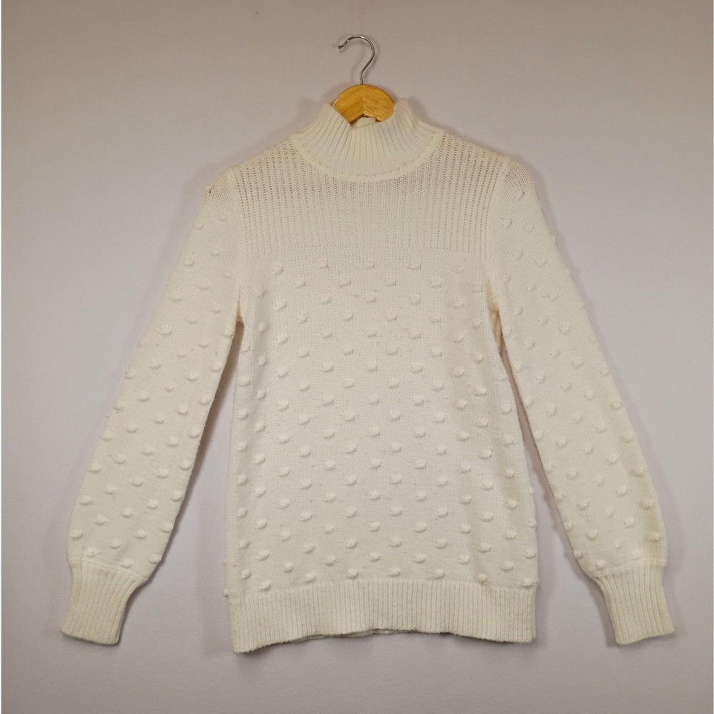 Coquette Calvin Klein Womens XS Cream Popcorn Knit Mock Neck Pom Pom Sweater